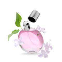 Bottle of floral perfume and lilac flowers in air on white background