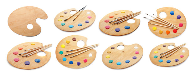 Wooden palettes with paints and brushes isolated on white, collage