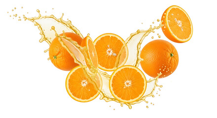 Whole and sliced oranges with juice splashing around them on a white background in a studio shot