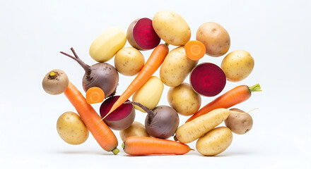 Arrangement of potatoes carrots turnips and beets on a white background in a studio setting