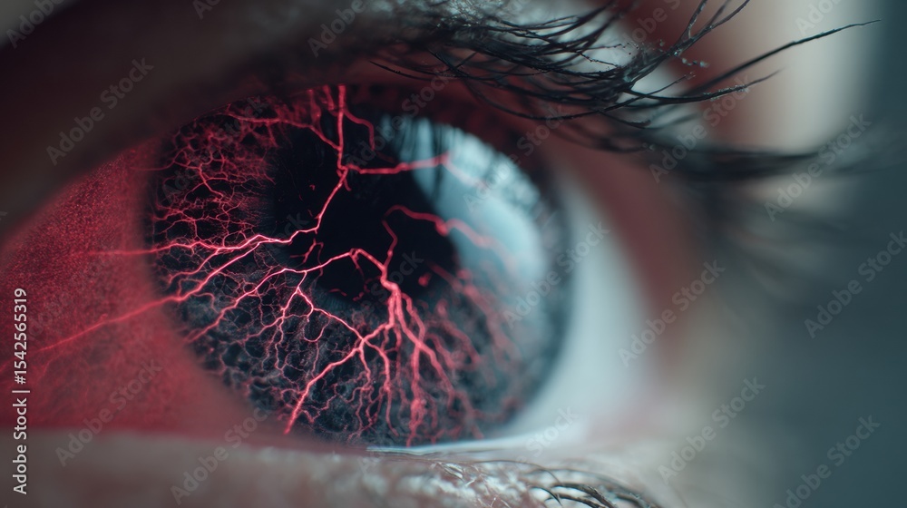 Poster striking close-up of a human eye with red veins on a dark background showcasing a captivating visual
