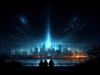 Futuristic city at night, three figures silhouetted