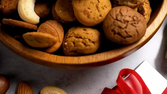 Festive wooden bowl containing speculaas cookies, assorted nuts, and chocolate candies on a textured grey background.