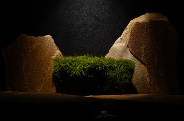 Composition with brown flat and smooth oval natural zen stones with texture for podium presentation...