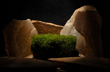 Composition with brown flat and smooth oval natural zen stones with texture for podium presentation...