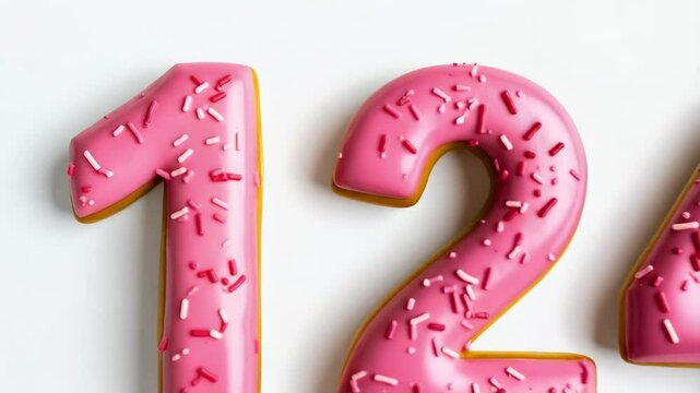 Close-up of pink frosted number cookies with colorful sprinkles arranged on a white surface forming the number 124