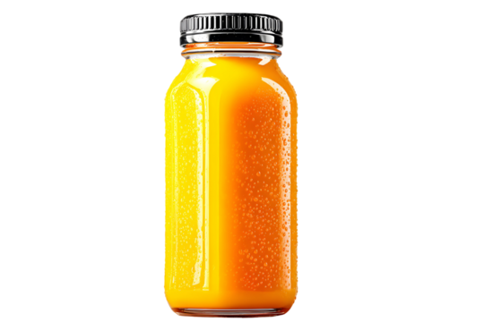 Vibrant orange juice bottle isolated on transparent background, refreshing and healthy