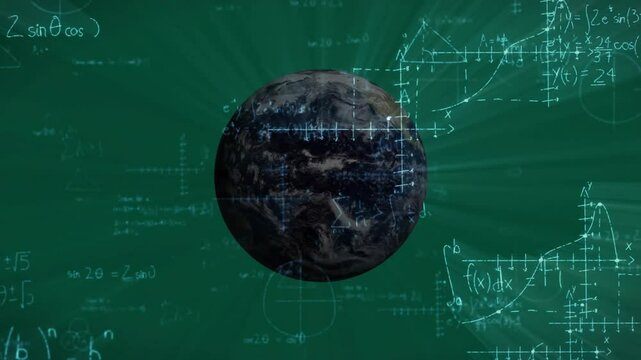 Formulas converging initiating sphere expanding into rotating globe with equations teaching science