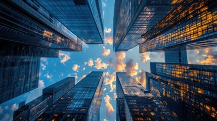 skyward gaze between towering skyscrapers reflecting the hues of sunrise on glass facades creating an impressive urban landscape showcasing architectural grandeur and modern cityscapes