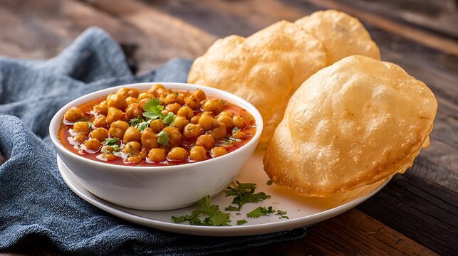 Indian chole bhature served on a pristine white plate, puffed bhature bread beside spicy chickpea curry