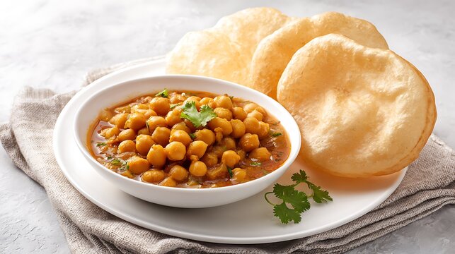 Indian chole bhature served on a pristine white plate, puffed bhature bread beside spicy chickpea curry