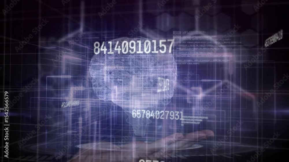 Poster grid pulsing and data drifting coalescing into rotating hologram on palm visualizing neural network