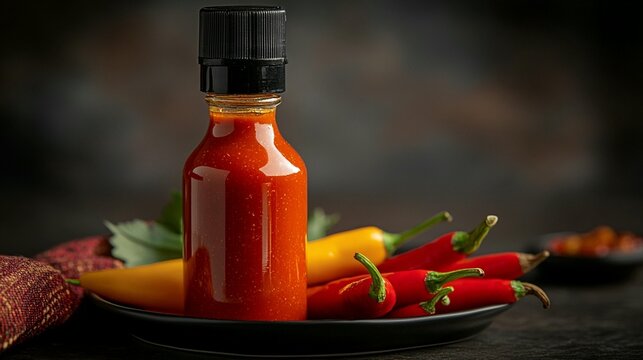 Small bottle of hot sauce surrounded by chili peppers