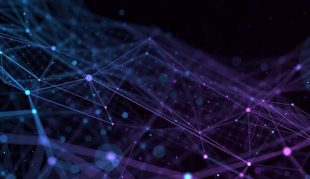 A close-up of an abstract, geometric web pattern on a dark purple and blue background artistic rendering emphasizes the beauty of technology Generative AI