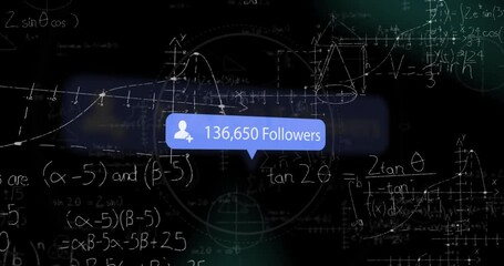 Scrolling equations initiating blue follower bubble popping up and updating count showing growth - Powered by Adobe