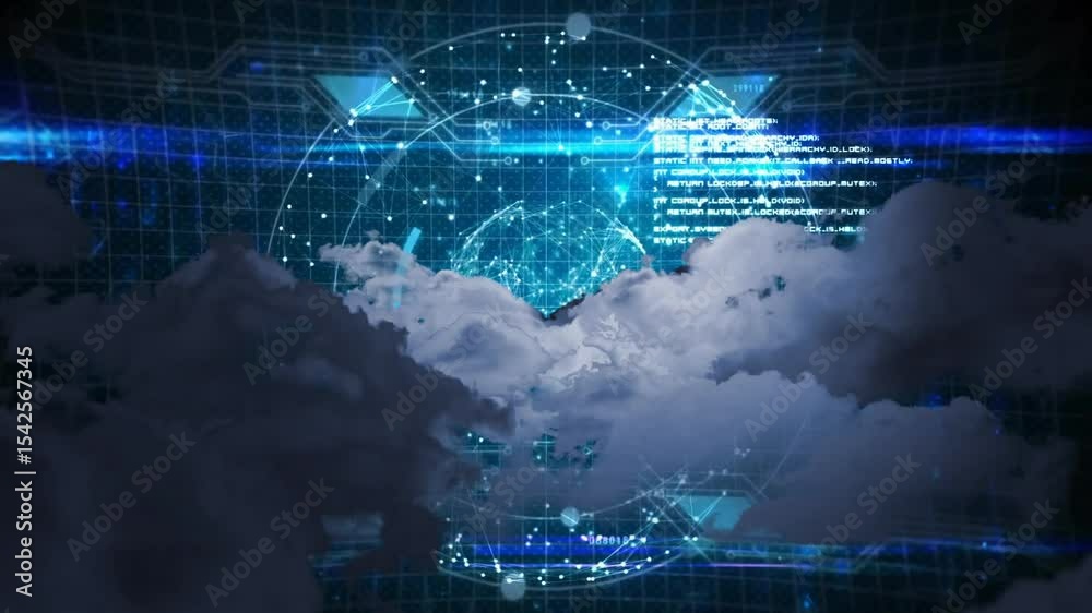 Poster billowing cloud parting revealing data globe with pulsing hud arcs and text visualizing interface