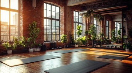 Spacious yoga studio with large windows, plants, and wooden floors.  Sunlight streams in