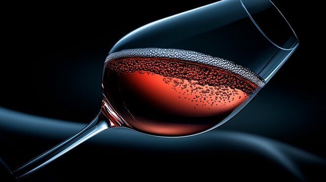 Sparkling Ros? wine glass, elevated in dramatic lighting, filled to the brim with effervescent wine