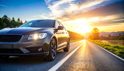Fototapeta premium A sleek sedan with LED headlights speeds down a sunlit open road at sunset, conveying freedom.