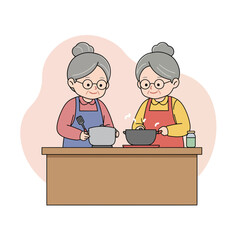 Elderly women cooking together and smiling in a modern kitchen  
