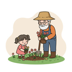Grandpa planting with grandchild in garden during springtime  