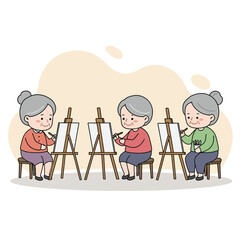 Elderly women painting in group with easels in light background  