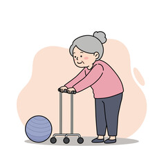 Elderly woman practicing physical therapy using walker and exercise ball  