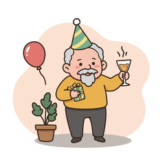 Elderly man celebrating retirement party at home with gift and drink  