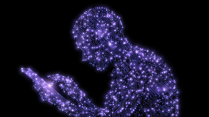 Glowing circuitry silhouette of person with tablet