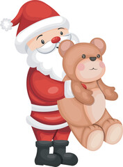 Joyful Santa Claus Gently Holding a Plush Teddy Bear