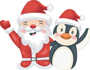 Cheerful Santa and Penguin Christmas Duo, Festive Wave