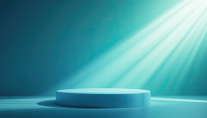 Minimal aqua blue podium with dramatic spotlight beam and clean shadow background for luxury product display and modern branding presentation scene