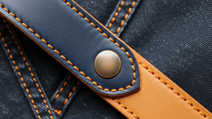 Close-Up of Brown Leather Strap with Button on Denim Background