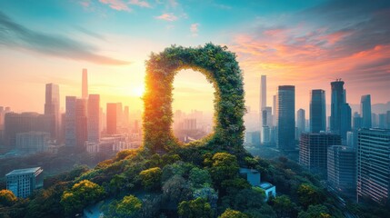 a harmonious juxtaposition of nature and urban architecture featuring a botanical archway framing a city skyline bathed in the warm hues of sunset creating a visual symphony