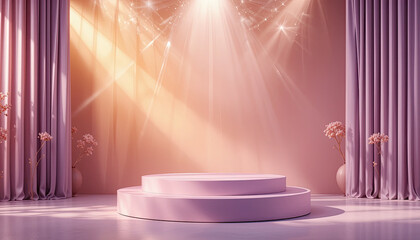 Luxury romantic pink podium with sparkling spotlight, curtains, and flower decor for elegant product display and premium beauty or bridal branding presentation