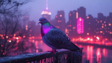 A glowing purple pigeon perched on a glowing fence, with a glowing city skyline in the background. 