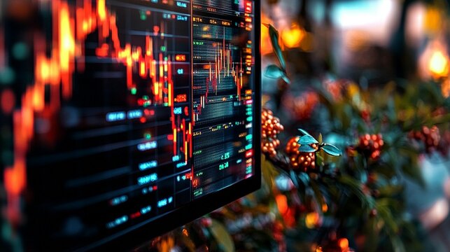 Stock market data displayed on a monitor, with charts and numbers. Blurred background of plants and lights