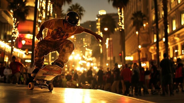 Street skateboarder performing a trick at night in a city, with blurred background of people and city lights
