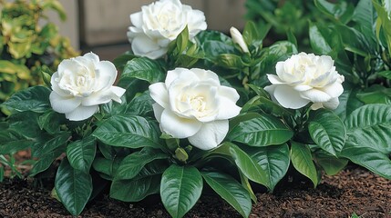 A graceful, fragrant white gardenia flower nestled among glossy green leaves, creating a serene, peaceful atmosphere in a well-kept garden or courtyard. 