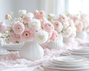 Fototapeta premium Elegant flower vase centerpiece with soft pink and white ranunculus flowers for a sophisticated table setting