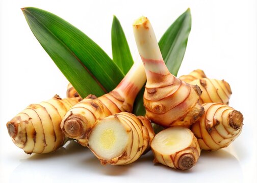 galangal, ginger, root, spice, herb, ingredient, food, cooking, cuisine, asian, thai, flavor, aromatic, healthy, natural, fresh, organic, plant, leaf, white background, still life, macro, close up, ra