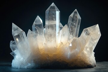 Cluster of clear quartz crystals with light illuminating them on a dark background.