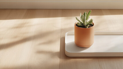 Fototapeta premium Minimalist close-up of a terracotta pot with a small cactus on wooden surface