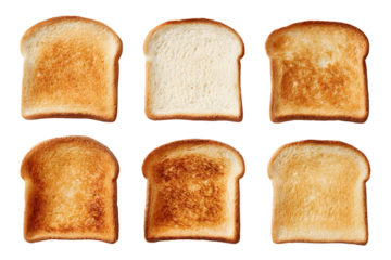 Six slices of bread with varying degrees of toasting arranged on a black background in two rows