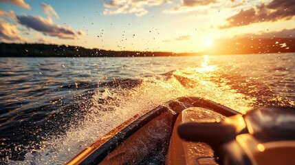 Sunset watercraft ride on a lake, with splashes and golden light