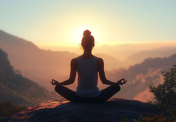 Silhouette of a person meditating in a serene mountain setting at sunrise