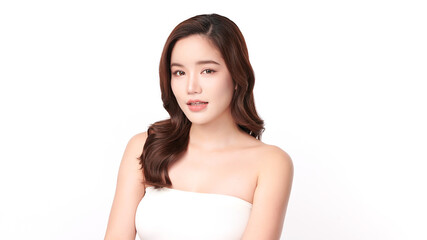 A beautiful young Asian woman with clean, fresh skin against a white background. Skincare, facial...