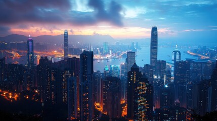 Obraz premium an aerial panoramic cityscape view across hong kong island from victoria peak showcasing iconic skyscrapers against a picturesque sunset horizon and the shimmering victoria harbour