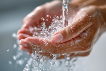 Fototapeta premium Person washing hands with water splashing and flowing