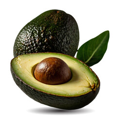 Green avocado with one leaf and sliced ​​in half